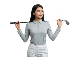 Young woman golfer holding a golf club isolated on transparent background