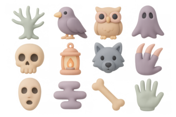 Playful halloween icons: cute pastel emojis of owls, ghosts, lanterns, and more
