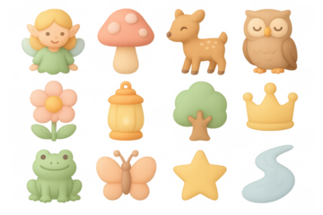 Whimsical fairy tale icons: cute cartoon forest and magical elements