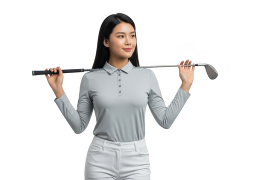 Young woman golfer holding a golf club isolated on transparent background - Powered by Adobe