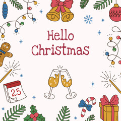 Greeting square card with doodle elements and text Hello Christmas on white background. Flat vector illustration. Creative solution for social media, poster, invitation, cover