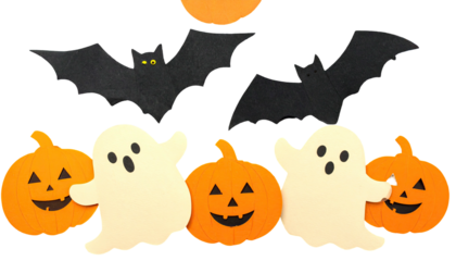 A Halloween scene with bats, ghosts, pumpkins, and a paper moon against black
