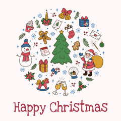 Celebration card with hand drawn elements and text Happy Christmas. Doodle green fir, gift, Santa Claus, snowmen and other items in flat style. Design for social media, poster, invitation, cover