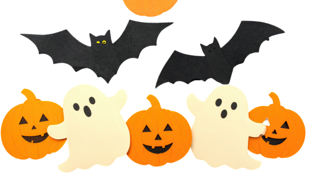 A Halloween scene with bats, ghosts, pumpkins, and a paper moon against black
