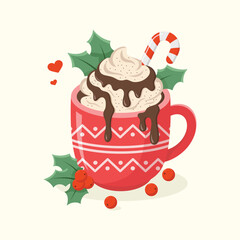 A cute red mug with winter pattern filled with festive spice drink and cream, decorated with chocolate syrup, lollipop cane and holly branches. Christmas cup vector illustration.