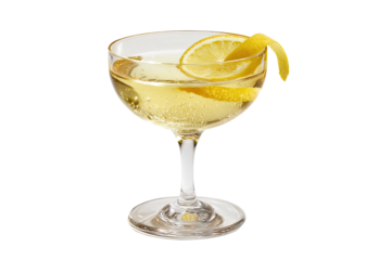 Cocktail in coupe glass with a lemon peel garnish