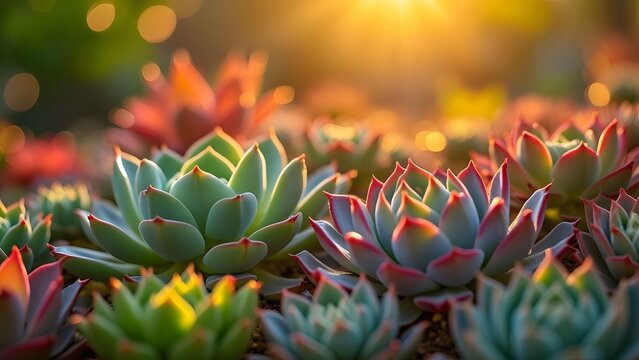 Vibrant Succulents in Golden Sunset Light Botanical Photography