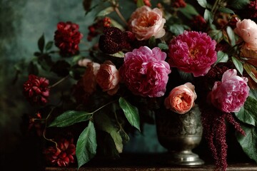Blooming roses in vintage vase on dark green background