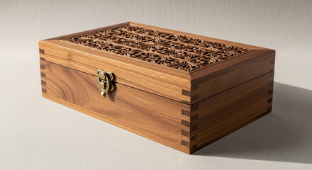 A handcrafted wooden box with intricate floral carvings on the lid, showcasing its craftsmanship and natural wood grain, perfect for storing cherished keepsakes and jewelry