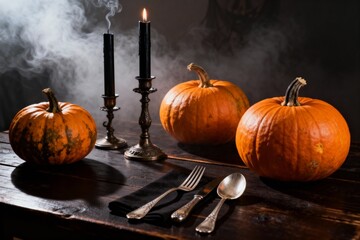 Halloween Dinner Table with Pumpkins and Black Candles