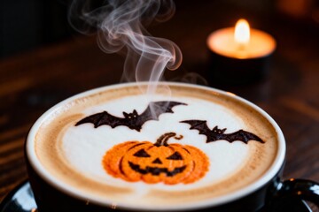 Halloween Coffee with Bat and Pumpkin Art