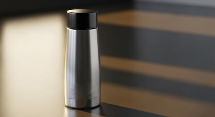 Sleek stainless steel water bottle with a black cap, reflecting modern design and sustainability, ideal for staying hydrated on the go with a touch of elegance