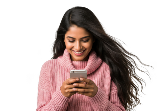 Young woman smiling while looking at her phone isolated on transparent background