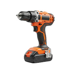 Orange and black cordless drill with metallic chuck and ergonomic handle, displayed diagonally on white background with soft shadows in precision studio lighting