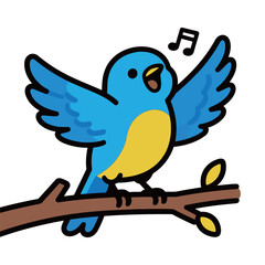 Singing Blue Bird on Branch Cartoon Vector Illustration