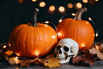 Halloween Pumpkins with Skull and Lights