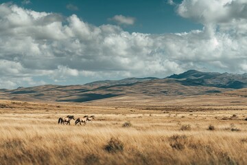 Obraz premium Wild horses running through grassy prairie under cloudy sky