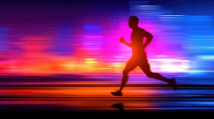 Dynamic Runner in Motion Against a Vibrant City Backdrop at Night