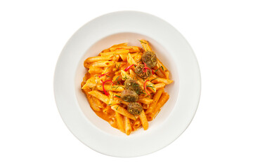 Penne Pasta with Northern Thai Sausage in Spicy Cream Sauce Isolated on White with Clipping Path
