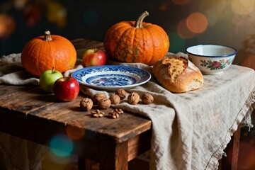 Rustic Autumn Table with Pumpkins and Apples