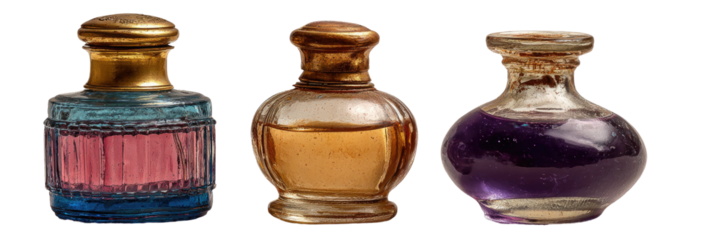 Three antique glass bottles filled with colorful liquid