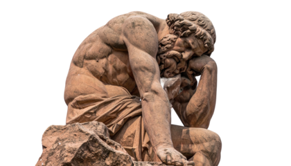 Marble sculpture of a pensive figure, arm resting on knee, head in hand