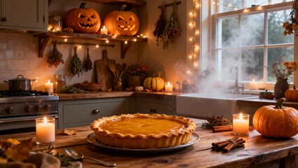 Halloween Kitchen with Pumpkin Pie and Pumpkins
