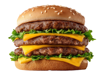 Stacked burger two patties, cheese, lettuce, sesame bun