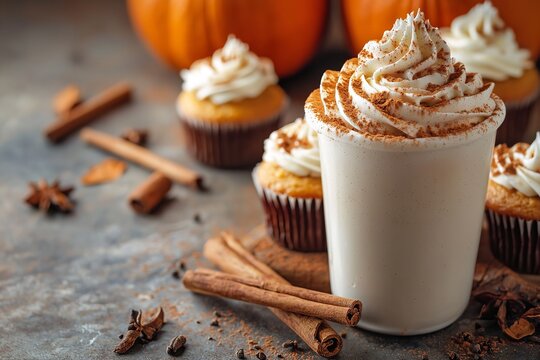 Autumn Pumpkin Spice Latte and Cupcakes with Cinnamon Sticks, Generative AI.