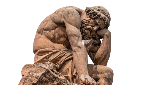 Marble sculpture of a pensive figure, arm resting on knee, head in hand