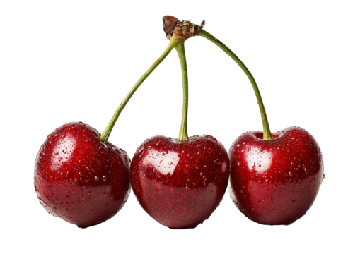 Trio of ripe, red cherries with stems, isolated on black