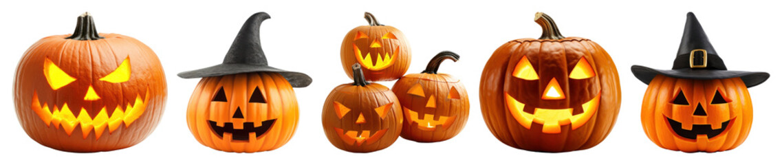 Fototapeta premium PNG Glowing carved pumpkins display, element set on transparent background