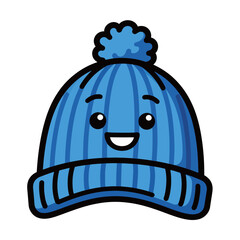 Cute Happy Blue Winter Knit Hat with Pom Pom Cartoon Vector Illustration