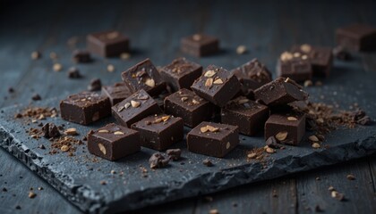 Dark Chocolate Squares With Almond Bits on a Slate Board in a Soft Light Setting