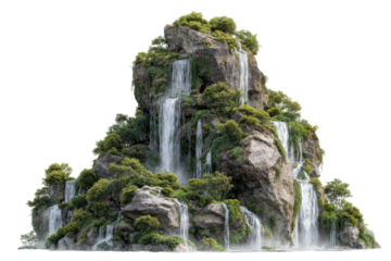 Rocky outcrop with cascading waterfalls and lush vegetation