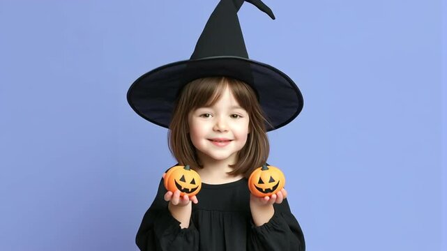 Mi adorable ni&ntilde;a espa&ntilde;ola de seis a&ntilde;os con media melena casta&ntilde;a, disfrazada de bruja con gorro de punta negro, llevando dos calabazas de halloween de juguete en las manos . 