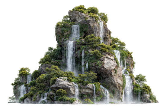 Rocky outcrop with cascading waterfalls and lush vegetation
