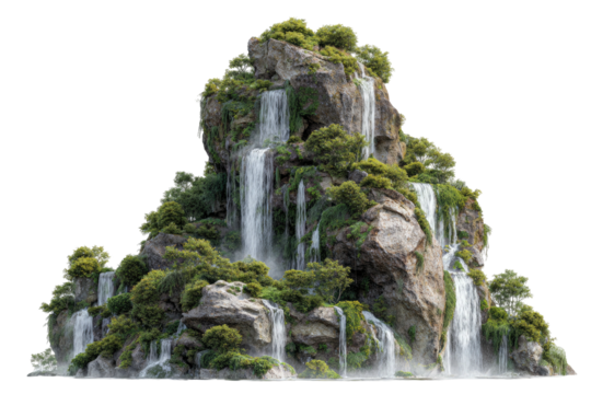Rocky outcrop with cascading waterfalls and lush vegetation