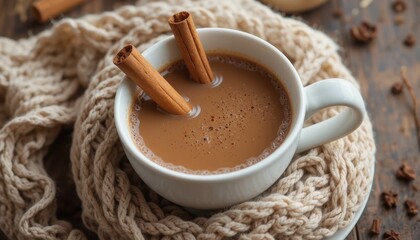 Warm Cup of Spiced Coffee With Cinnamon Sticks on Cozy Knit Scarf