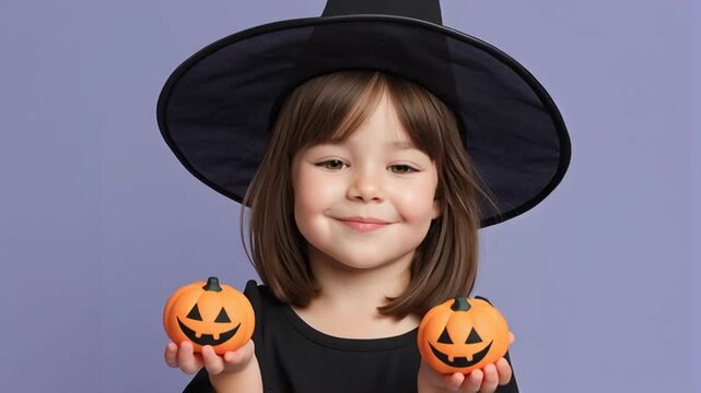 Mi adorable ni&ntilde;a espa&ntilde;ola de seis a&ntilde;os con media melena casta&ntilde;a, disfrazada de bruja con gorro de punta negro, llevando dos calabazas de halloween de juguete en las manos . 