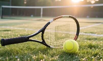 Tennis Racket and Ball on Grass Court: Focus and Precision in the Game - Powered by Adobe