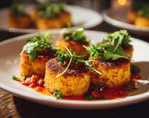 Close-up of crispy golden croquettes topped with fresh herbs and vibrant sauce