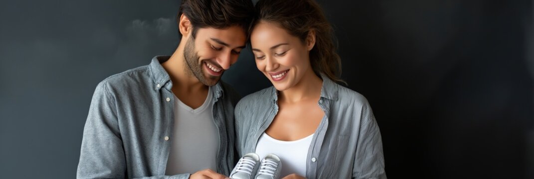 Expectant couple celebrating parenthood with baby shoes