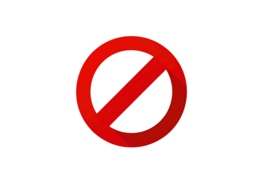 A bold red prohibition symbol, a circle with a diagonal line, signifies 'no entry' or 'forbidden' against a solid dark transparent background. Ideal for warnings. background removed