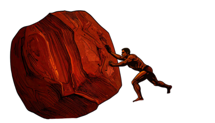 A muscular figure strains to push a massive red stone, against a dark backdrop