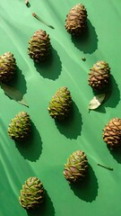 Pine cones arranged on a vibrant green surface,  with sun-dappled shadows