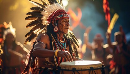 Indigenous drummer performing at a vibrant cultural festival with dancing crowd and colorful decorations
