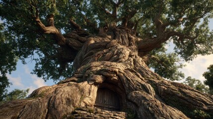 Whimsical treehouse, a cozy dwelling nestled in a giant tree, surrounded by green leaves and a bright sky.