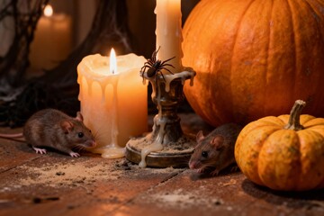 Halloween Still Life with Candles and Pumpkins