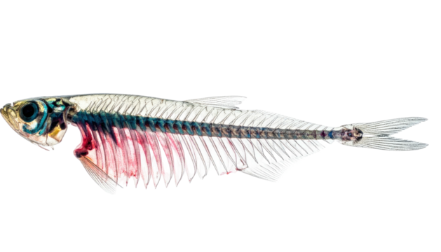 A small fish preserved to reveal delicate skeletal structure, side view